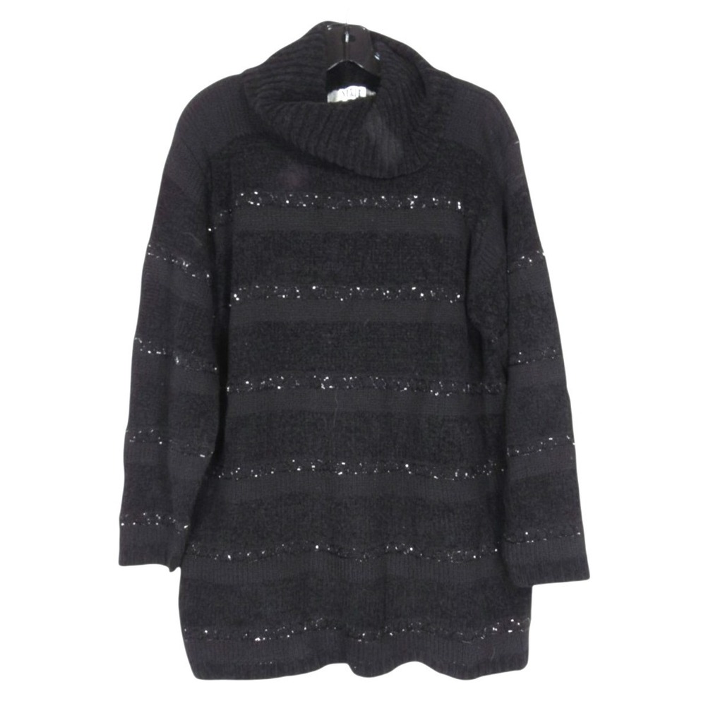 Vintage SEGUE Black BEADED STRIPE DESIGN Turtleneck CHENILLE SWEATER Sz M